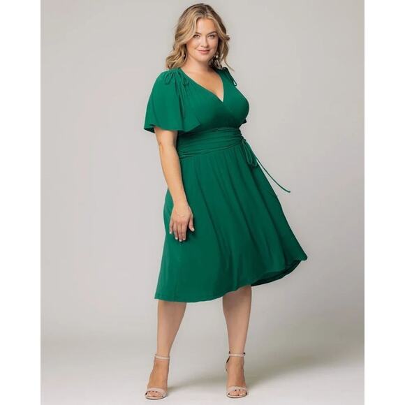 Kiyonna Dress Green Jemma Ruched Tie Style 2X Feminine Christmas Flutter Sleeve - Picture 8 of 9